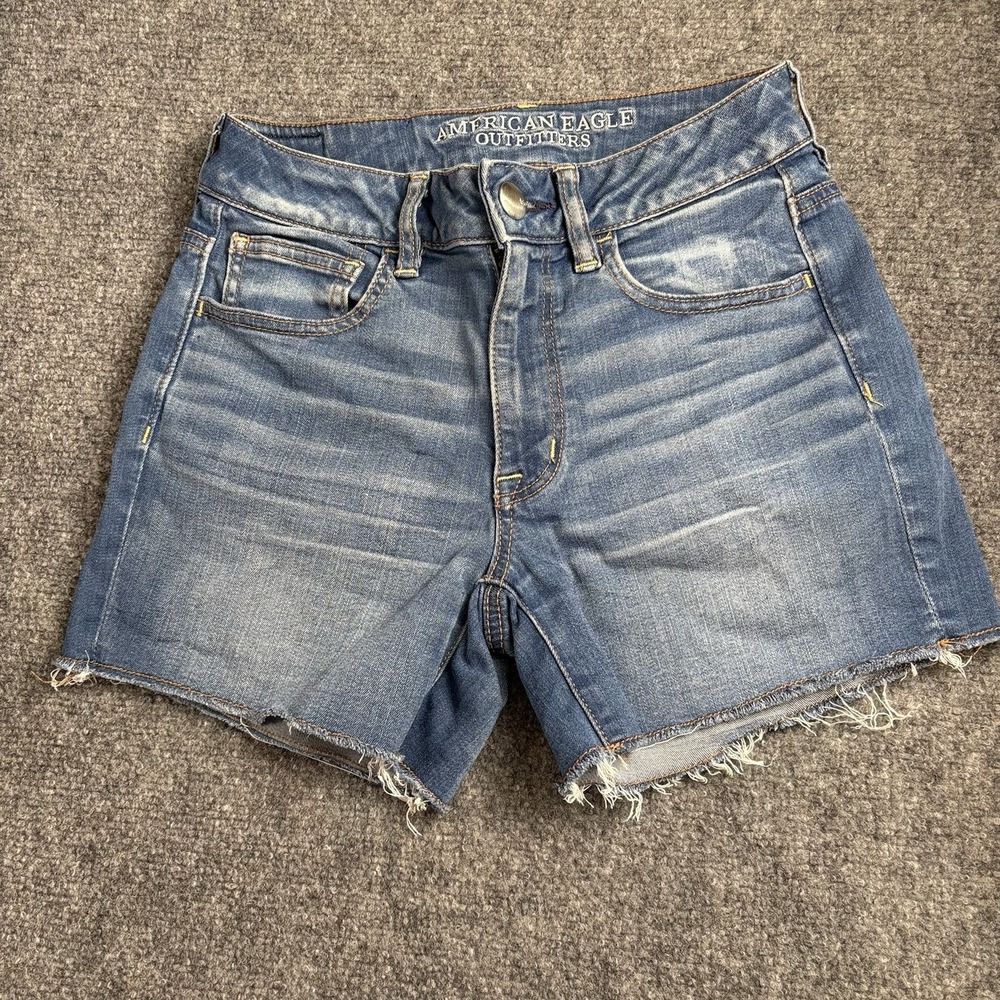 American‎ Eagle Hi Rise Shortie Shorts Women 2 Blue Distressed Cutoff Y2K Boho